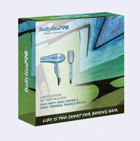 BaByliss PRO Nano Titanium Hair Dryer & Ionic Thermal Paddle Brush Limited Edition